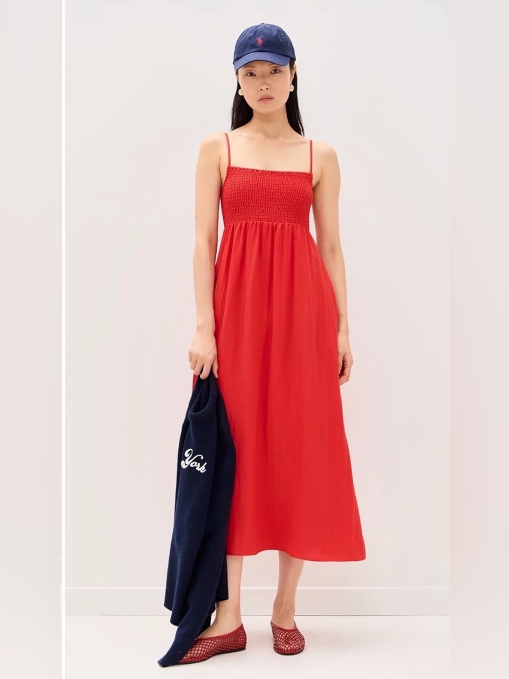 Z Supply Red Smocked Maxi Dress with Spaghetti Straps